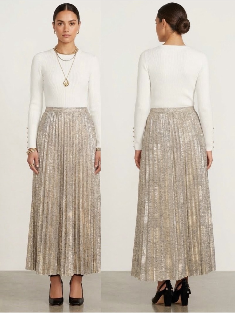 H by Halston Gold Metallic Foil Pleated Maxi Skirt Elastic Waist Lined XLP XL